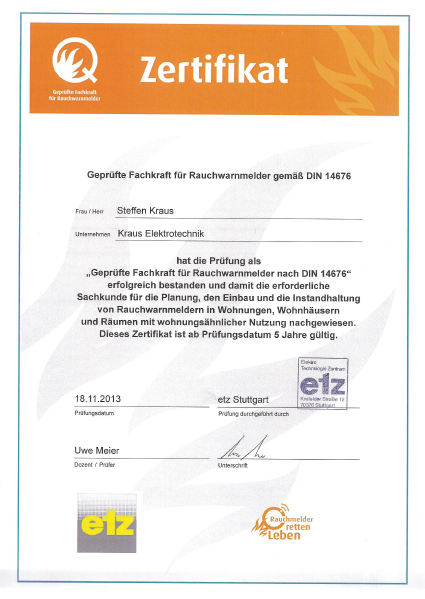 Zertifikat: Fachkraft für Rauchwarnmelder Zertifikat: Fachkraft für Rauchwarnmelder