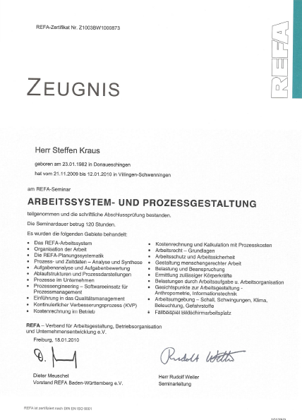 Zeugnis: REFA-Seminar Arbeitssystem- und Prozessgestaltung Zeugnis: REFA-Seminar Arbeitssystem- und Prozessgestaltung